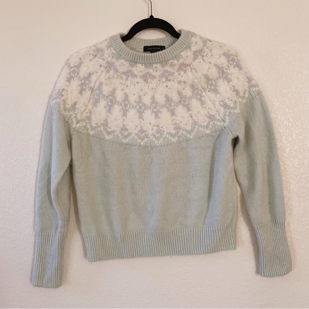Ann Taylor Mint Green and White Crew Neck Sweater Fuzzy Fair isle Design